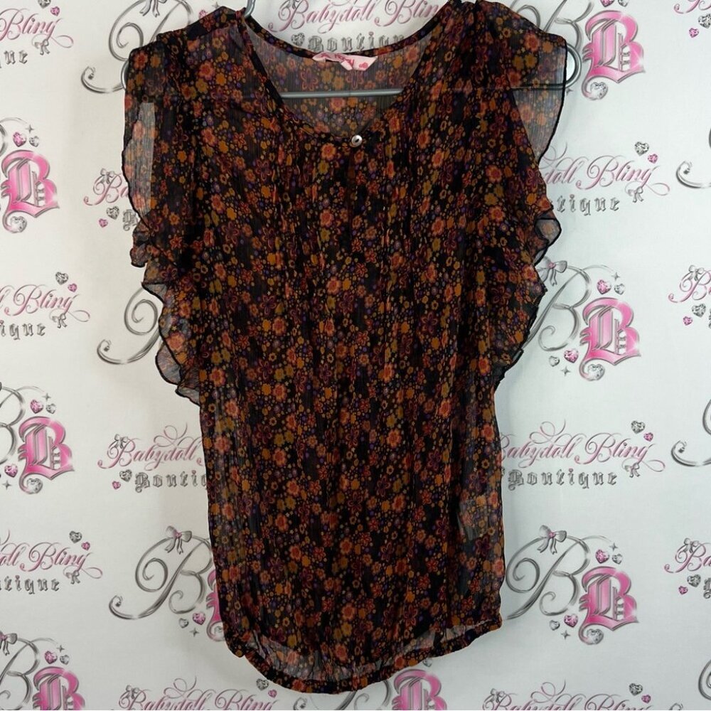Honey shirt blouse floral flowers orange black Ruffle Sleeve Top fairy style